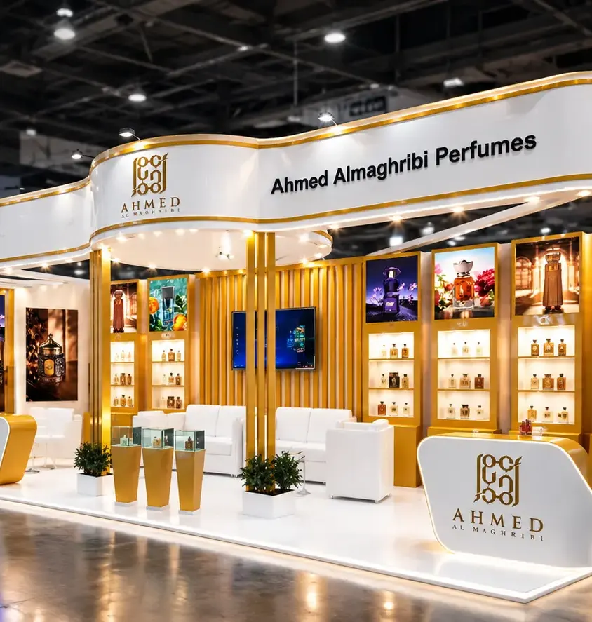 Custom exhibition stall fabricated by Expo Stalls Fabrication for a perfume brand in Pakistan