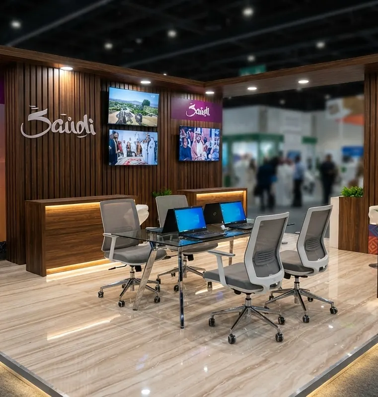 Wood-finish exhibition stand built by Expo Stalls Fabrication for a tourism brand